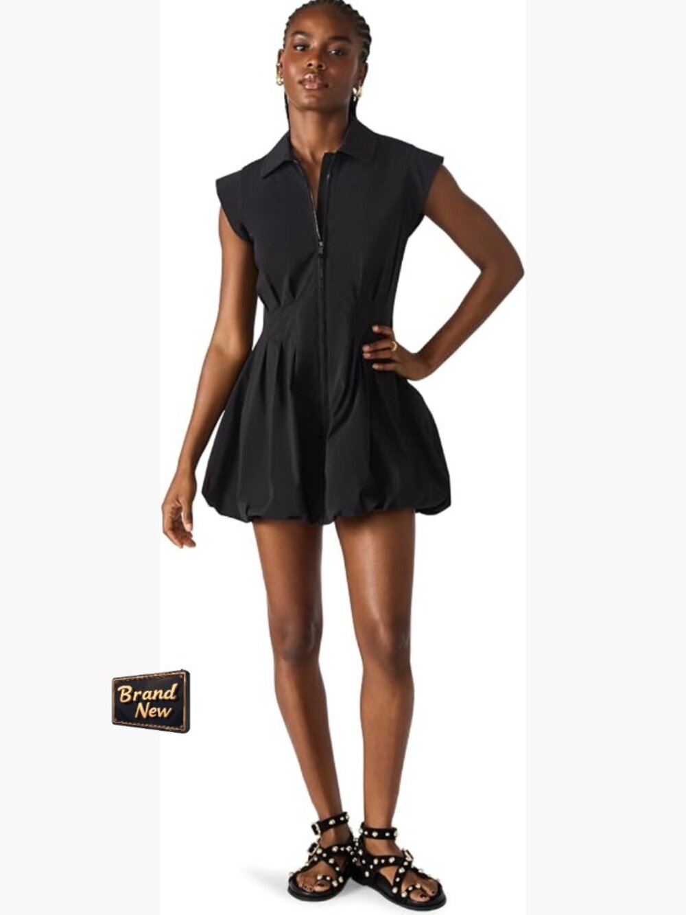 Mini A-Line Dress Zip Front Collared Cap Sleeve Tech Nylon Pockets